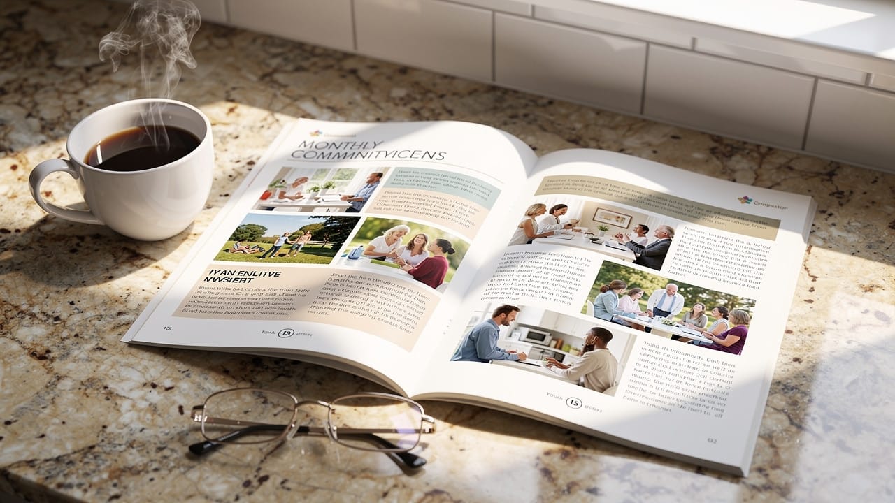 HOA newsletter on kitchen counter