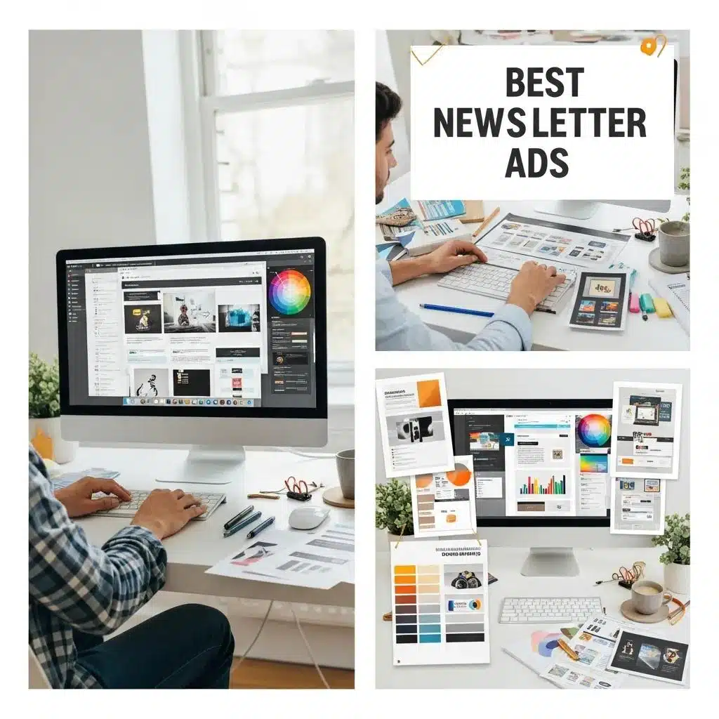 Designer creating effective newsletter ads in a bright, modern workspace