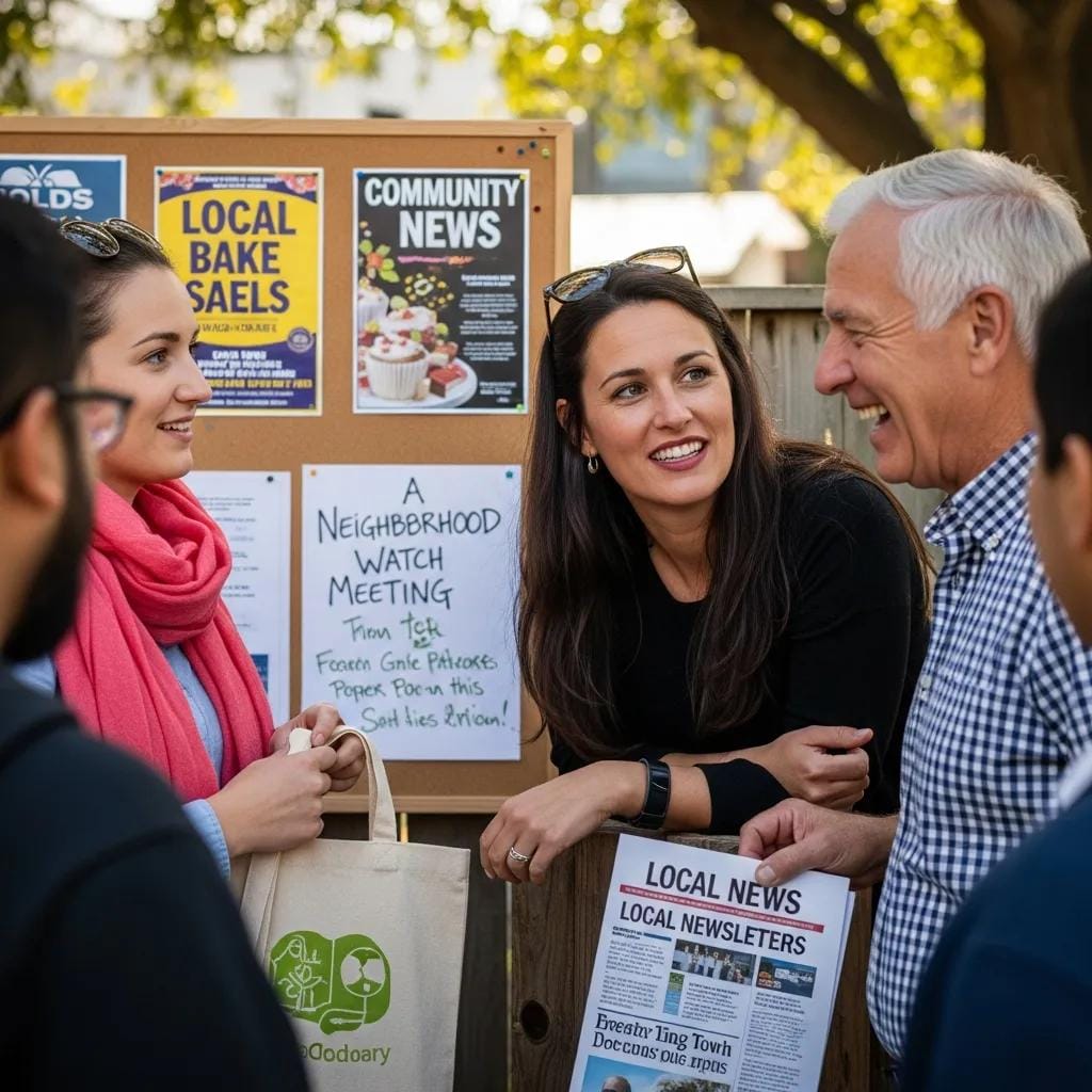 Small business owner engaging with community members at a local event, highlighting the importance of community news in advertising